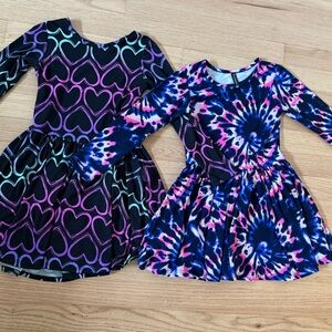 Pixielane Kids Long-Sleeve Heart & Tie-Dye Print Dress - Navy/Purple/Pink